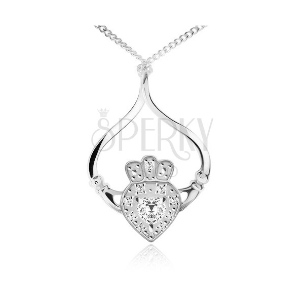 Colier din argint 925, lanț, inimă, coroană, mâini, zirconii transparente