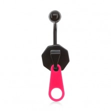 Inel negru pentru buric realizat din oțel inoxidabil, fermoar cu o cheiță roz neon