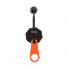 Piercing negru pentru buric, fermoar cu cheiță portocaliu neon
