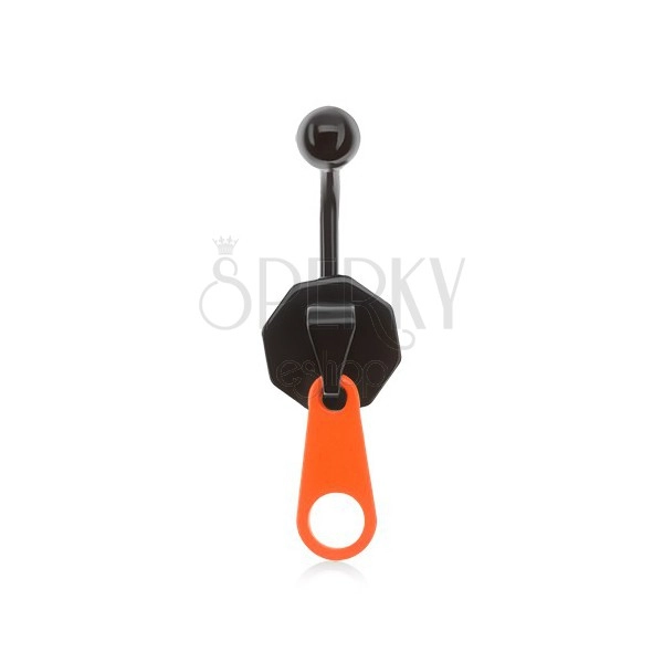 Piercing negru pentru buric, fermoar cu cheiță portocaliu neon