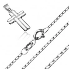 Colier, lanț lucios cu zale ovale și cruce împletită, argint 925