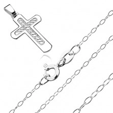 Colier din argint 925 - model cruce cu sfoară împletită în mijloc, lanț lucios
