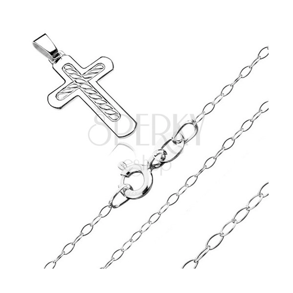Colier din argint 925 - model cruce cu sfoară împletită în mijloc, lanț lucios
