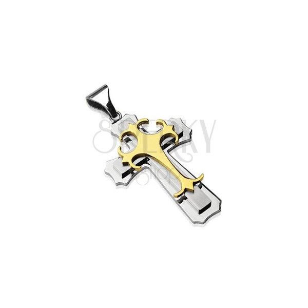 Pandantiv din oțel chirurgical - cruce triplă în culorile auriu și argintiu