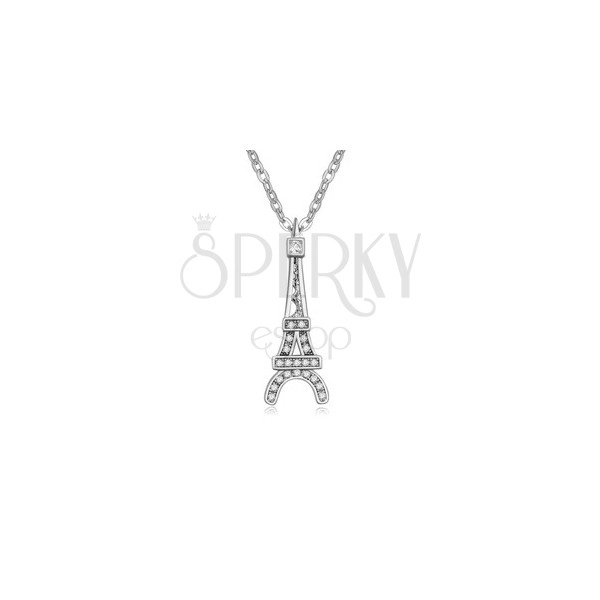 Colier lucios cu un pandantiv în forma turnului Eiffel, ştrasuri transparente