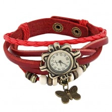 Ceas de mână cu o formă decorativă, curea roşie împletită, mărgele