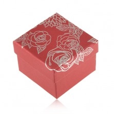 Cutiuță roșie de cadou pentru bijuterii, motiv floral de culoare argintie