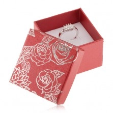 Cutiuță roșie de cadou pentru bijuterii, motiv floral de culoare argintie