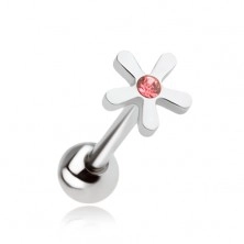 Piercing pentru limbă din oţel, floare cu un zirconiu roz