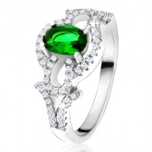 Inel cu piatră ovală verde, cercuri transparente, lacrimi, din argint 925