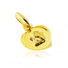 Pandantiv din aur 14K - contur de inimă gravată cu înger în relief