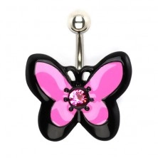 Piercing pentru buric realizat din oțel, fluture roz și negru cu zirconiu