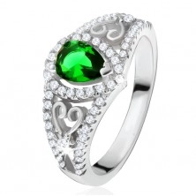 Inel argint 925, ştras verde în formă de lacrimă, zirconiu transparent, contururi de inimă