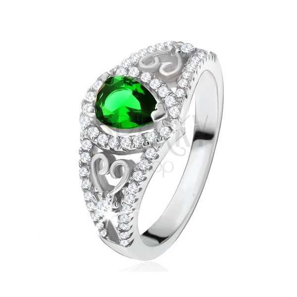 Inel argint 925, ştras verde în formă de lacrimă, zirconiu transparent, contururi de inimă
