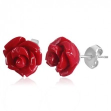 Cercei realizați din oțel chirurgical, trandafir înflorit roșu coral realizat din acril