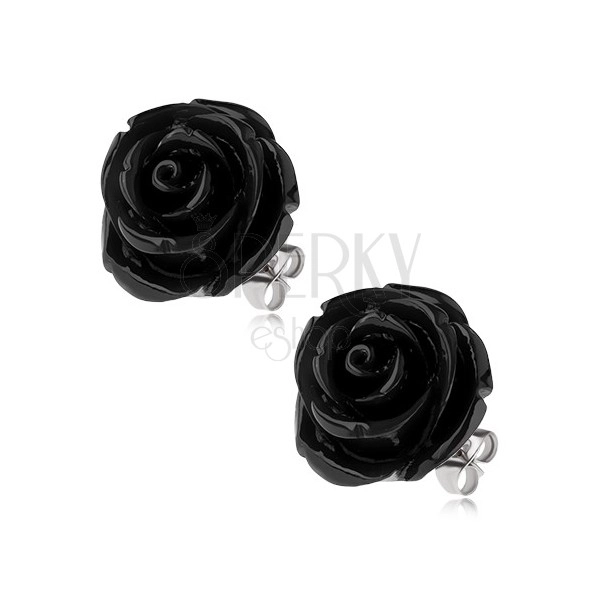 Cercei din oţel, trandafir negru din răşină, închidere cu şurub, 20 mm