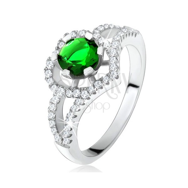 Inel cu braţe bifurcate, zirconiu verde, contur de inimă, argint 925
