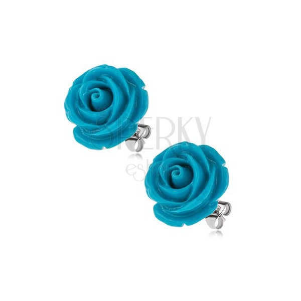 Cercei cu şurub din oţel chirurgical, trandafir înflorit albastru, 14 mm