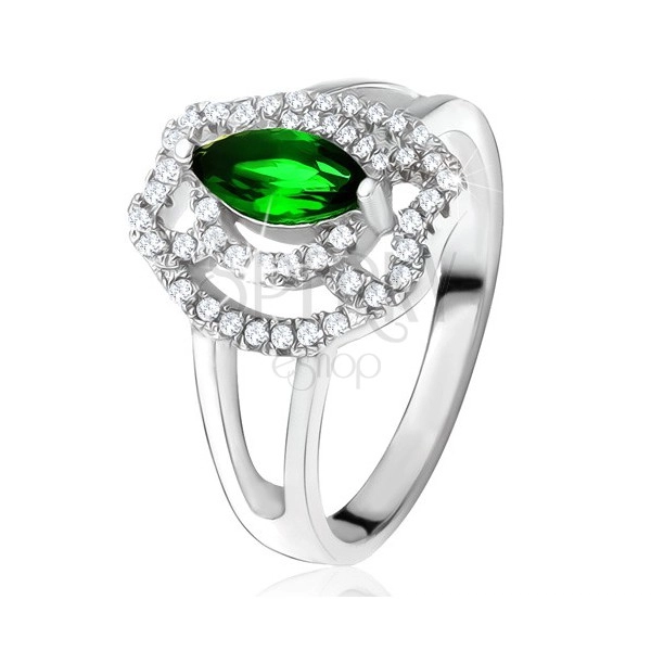 Inel cu ştras verde în formă de bob, linii curbate din zirconiu, argint 925