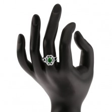 Inel cu ştras verde în formă de bob, linii curbate din zirconiu, argint 925