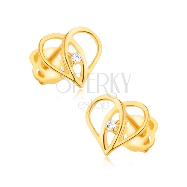 Cercei din aur galben 9K- contur inimă, braţe suprapuse, zirconiu 