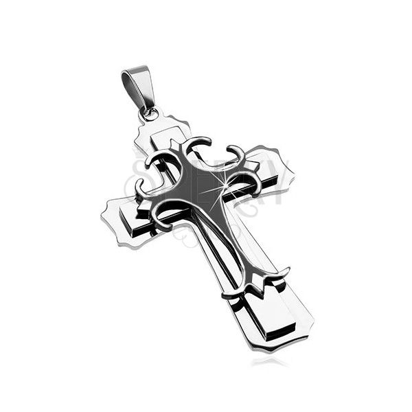 Pandantiv din oțel chirurgical - cruce mare, combinație de negru și argintiu