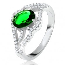 Inel cu ştras oval, verde, braţe ondulate, cu zirconiu, argint 925