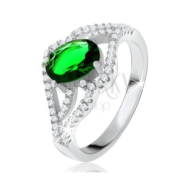 Inel cu ştras oval, verde, braţe ondulate, cu zirconiu, argint 925