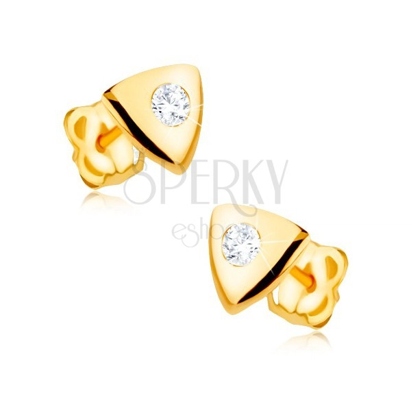 Cercei din aur galben 9K - triunghi lucios echilateral, zirconiu transparent