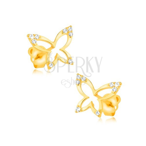 Cercei din aur 375 - contururi de fluture lucioase, vârfuri de aripi cu zirconiu