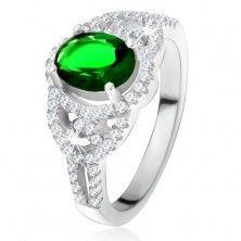 Inel - zirconiu oval, verde, contur, linii rotunjite, ştrasuri transparente, argint 925