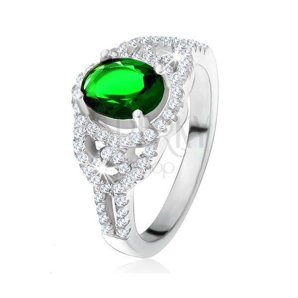 Inel - zirconiu oval, verde, contur, linii rotunjite, ştrasuri transparente, argint 925
