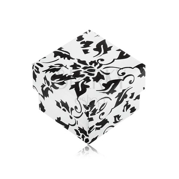 Cutie de cadou pentru inel, alb cu negru cu motiv floral