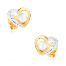 Cercei din aur 375 placaţi cu rodiu - contur de inimă în două culori, perlă albă