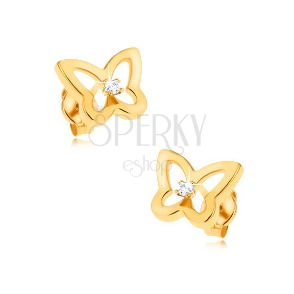 Cercei din aur galben 9K - contur de fluture strălucitor, zirconiu în mijloc