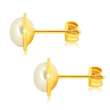Cercei din aur galben 9K - perlă albă, de apă dulce, rotundă, inel subţire
