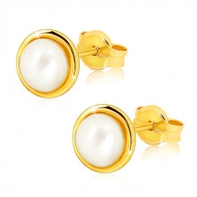 Cercei din aur galben 9K - perlă albă, de apă dulce, rotundă, inel subţire