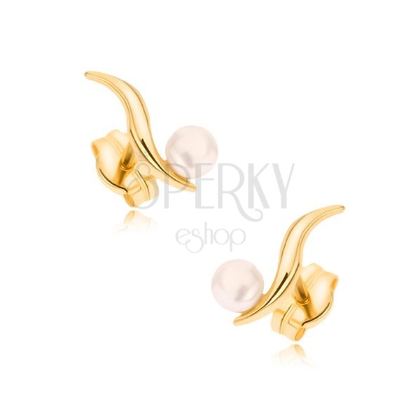 Cercei din aur 375 - linie subţire ondulată, lucioasă, perlă albă