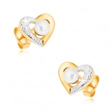 Cercei placaţi cu rodiu din aur 9K - contur de inimă în două culori, perlă albă