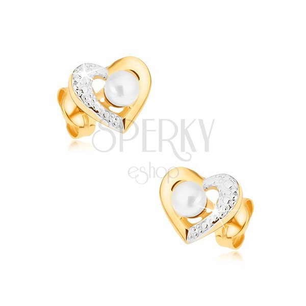 Cercei placaţi cu rodiu din aur 9K - contur de inimă în două culori, perlă albă