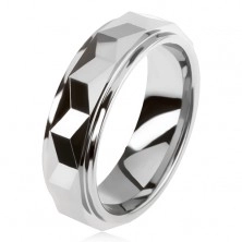 Inel din tungsten, argintiu, dungă convexă şlefuită geometric
