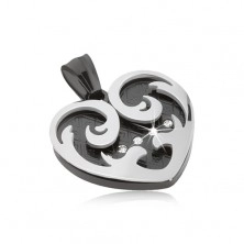 Pandantiv din oţel, inimă cu ornamente negre şi argintii, zirconii