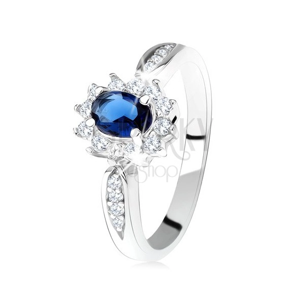Inel de logodnă argint 925, zirconiu oval, albastru închis, contur transparent