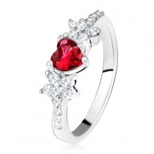 Inel cu ştras roşu în formă de inimă şi flori, zirconiu transparent, argint 925