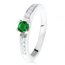 Inel de logodnă argint 925, ştras rotund, verde, linii de zirconiu transparent