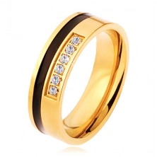 Inel din oţel, auriu cu negru, linie ornamentală cu zirconiu transparent