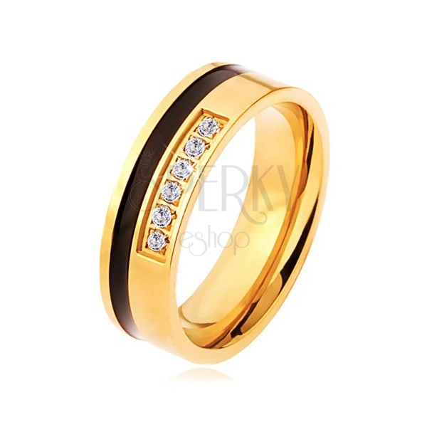 Inel din oţel, auriu cu negru, linie ornamentală cu zirconiu transparent
