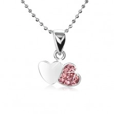 Colier din argint 925, lanț cu bile mici, două inimi, zirconii roz