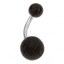 Piercing negru pentru buric realizat din acrilat, două bile mici, suprafață sablată