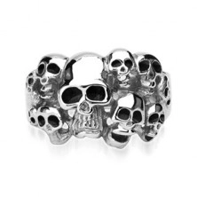 Inel din oțel 316L de culoare argintie - zece cranii cu smalț de culoare neagră
